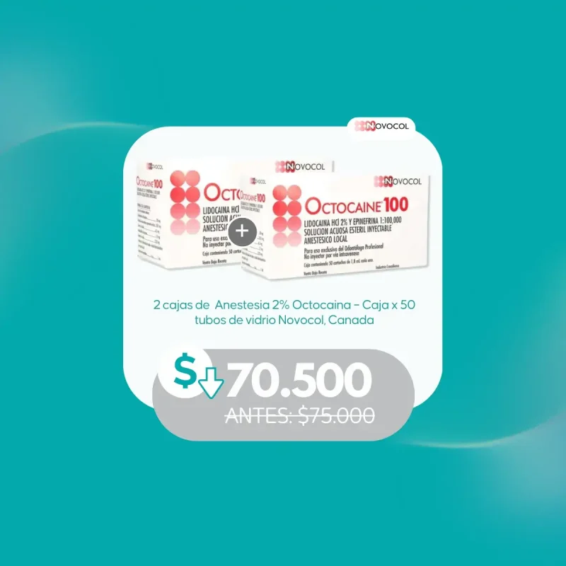 2 cajas de anestesia 2% Octocaina. Caja de 50 tubos de vidrio. Novocol, Canada.