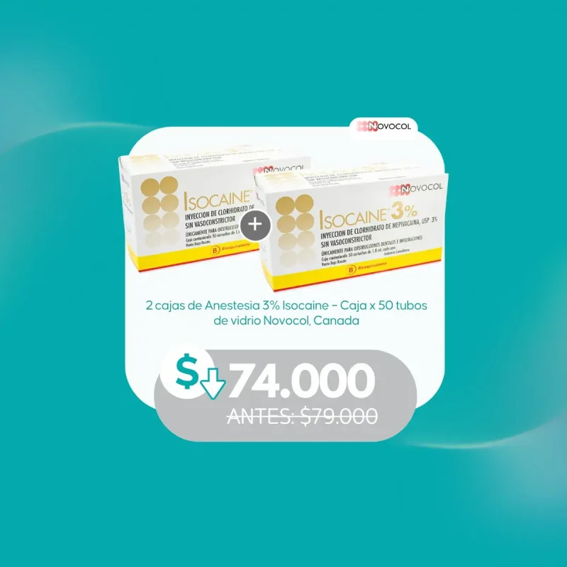 2 cajas de anestesia 3% Isocaine - Caja de 50 tubos de vidrio. Novocol, Canada.