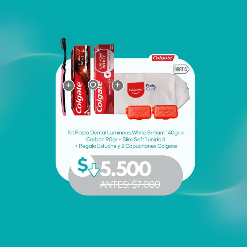 Kit Pasta Dental Luminous White Brilliant 140 grs o White Carbon 90 grs+1 Cepillo Slim Soft 1 unidad + Gratis 1 Estuche y 2 Capuchones.