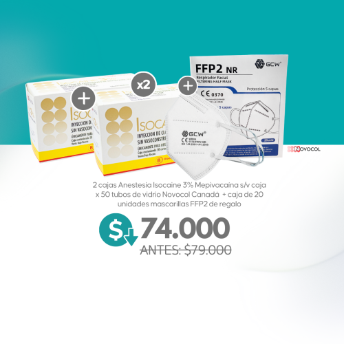 2 cajas Anestesia Isocaine 3% Mepivacaína s/v caja x 50 tubos de vidrio Novocol Canadá  + caja de 20 unidades mascarillas FFP2 de regalo