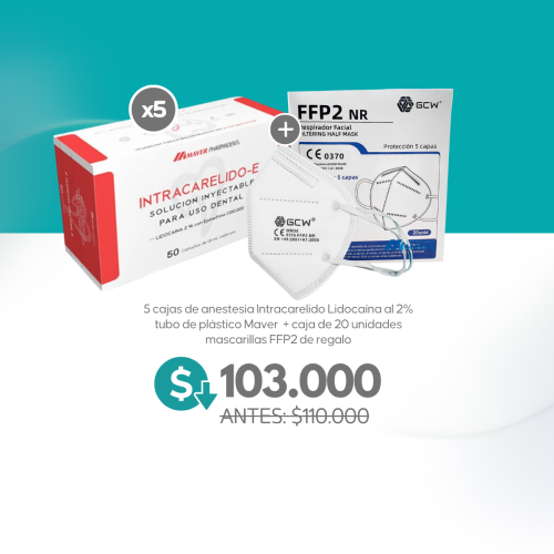 5 cajas de anestesia Intracarelido Lidocaína al 2% tubo de plástico Maver  + caja de 20 unidades mascarillas FFP2 de regalo