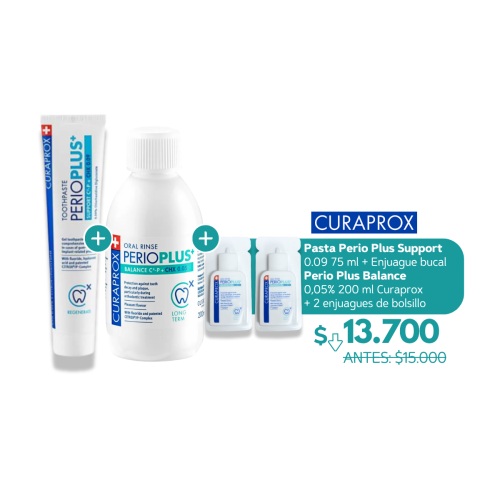 Pasta Perio Plus Support 0.09 75 ml + Enjuague bucal Perio Plus Balance  0,05% 200 ml Curaprox  + 2 enjuagues de bolsillo - Curaprox