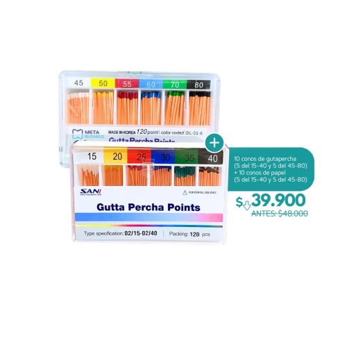 10 conos de gutapercha  (5 del 15-40 y 5 del 45-80)  + 10 conos de papel  (5 del 15-40 y 5 del 45-80) - Gutapercha