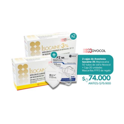 2 cajas de Anestesia Isocaine 3% Mepivacaína 50 tubos de vidrio Novocol + Caja 20 unidades Mascarillas FFP2 de regalo - Novocol