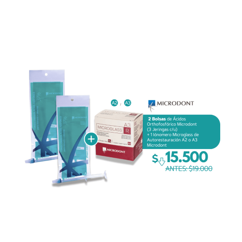 2 Bolsas de Ácidos Orthofosfórico Microdont  (3 Jeringas c/u)  + 1 Iónomero Microglass de Autorestauración A2 o A3 - Microdont