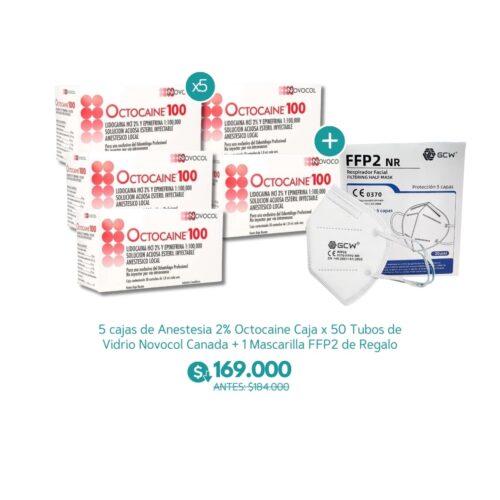 5 cajas de Anestesia 2% Octocaine Caja x 50 Tubos de Vidrio Novocol Canada + 1 Mascarilla FFP2 de Regalo - Novocol