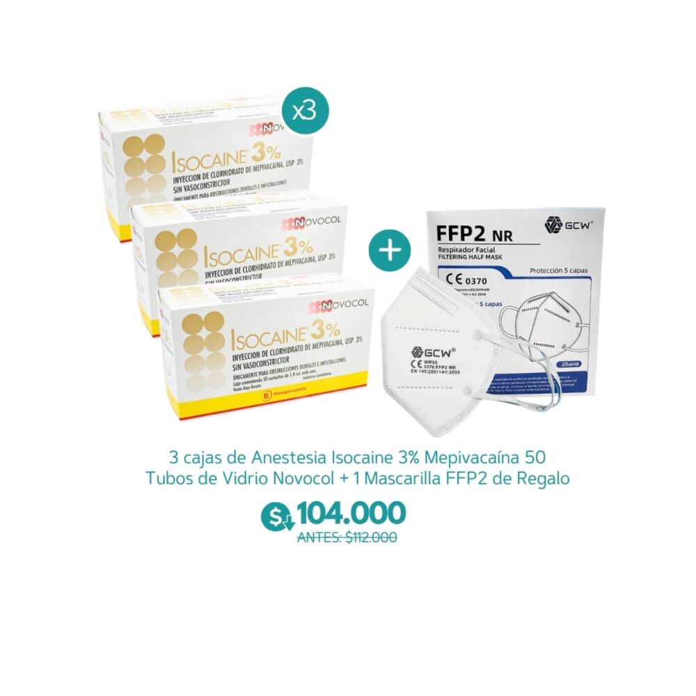 3 cajas de Anestesia Isocaine 3% Mepivacaína 50 Tubos de Vidrio Novocol + 1 Mascarilla FFP2 de Regalo - Novocol