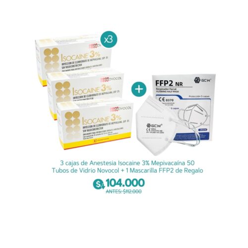 3 cajas de Anestesia Isocaine 3% Mepivacaína 50 Tubos de Vidrio Novocol + 1 Mascarilla FFP2 de Regalo - Novocol