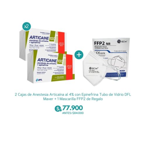 2 Cajas de Anestesia Articaína al 4% con Epinefrina Tubo de Vidrio DFL Maver + 1 Mascarilla FFP2 de Regalo - Maver