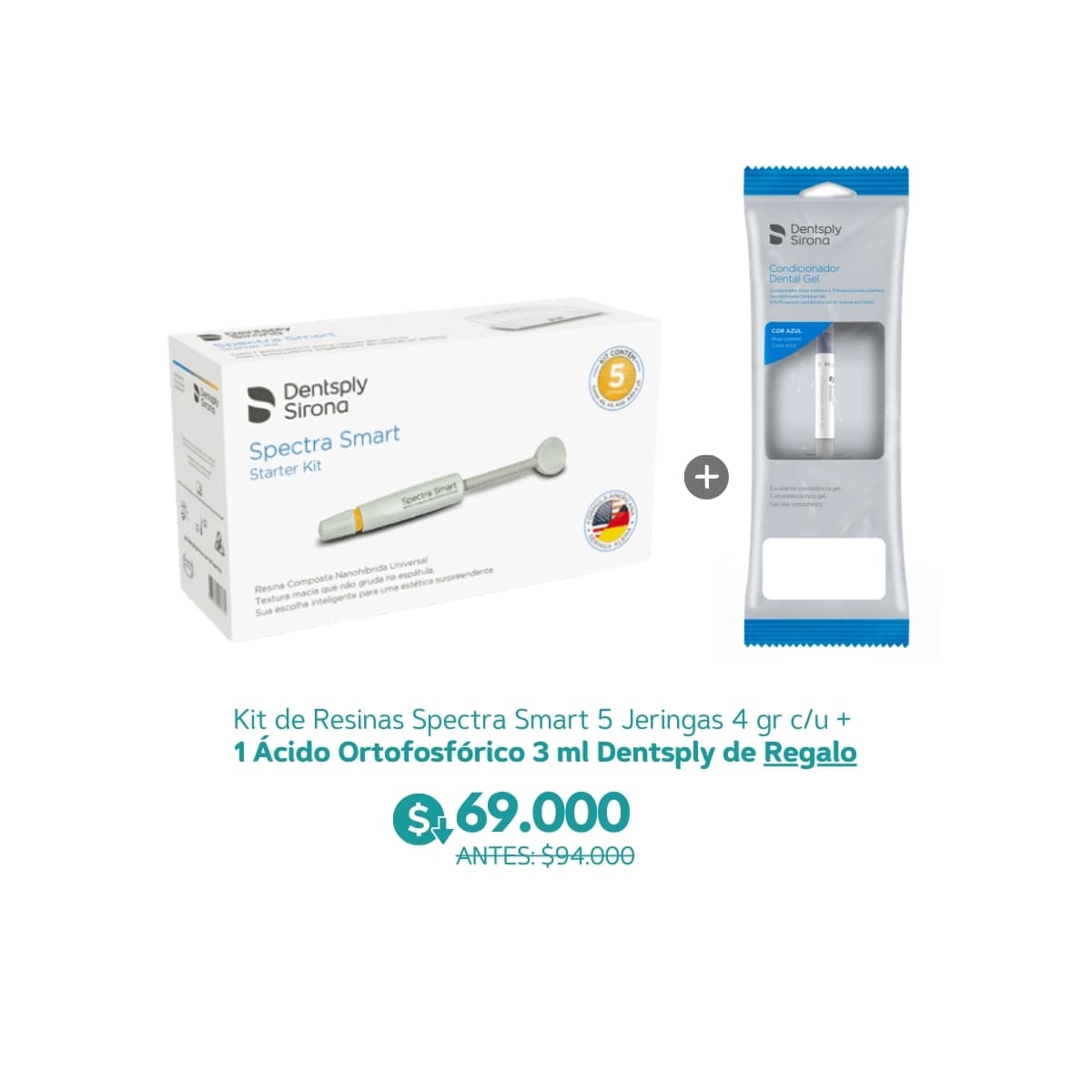 Kit de Resinas Spectra Smart 5 Jeringas 4 gr c/u +  1 Ácido Ortofosfórico 3 ml Dentsply de Regalo - Dentsply Sirona