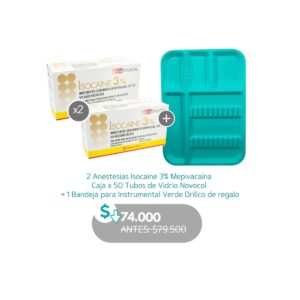 2 Anestesias Isocaine 3% Mepivacaína Caja x 50 Tubos de Vidrio Novocol + 1 Bandeja para Instrumental Verde Drillco de regalo - Novocol
