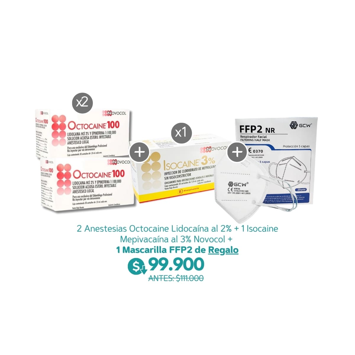 2 Anestesias Octocaine Lidocaína al 2% + 1 Isocaine Mepivacaína al 3% Novocol + 1 Mascarilla FFP2 de Regalo - Novocol
