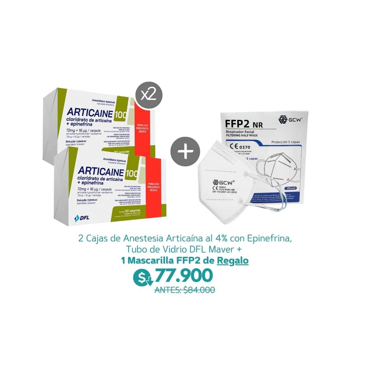 2 Cajas de Anestesia Articaína al 4% con Epinefrina, Tubo de Vidrio DFL Maver + 1 Mascarilla FFP2 de Regalo