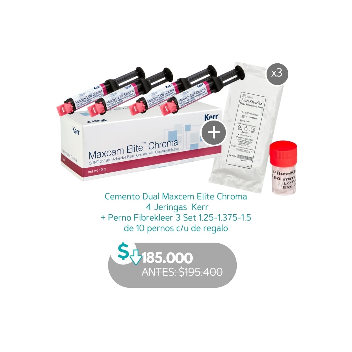 Cemento Dual Maxcem Elite Chroma 4 Jeringas Kerr + Perno Fibrekleer 3 Set de 10 pernos c/u de regalo - Kerr