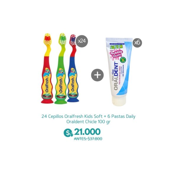 24 Cepillos Oralfresh Kids Soft + 6 Pastas Daily Oraldent Chicle 100 gr - Oral Dent