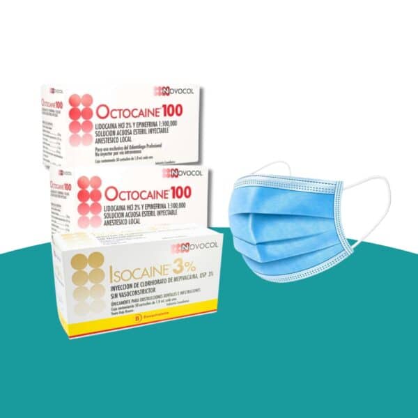 2 anestesias Octocaine Lidocaína al 2% + 1 Isocaine Mepivacaína al 3% Novocol + mascarilla 3 pliegues 10 unidades Protect de regalo