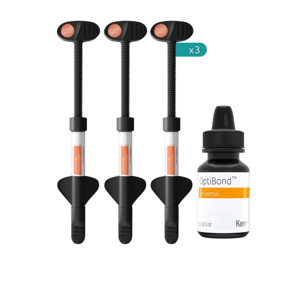 3 jeringas de SimpliShade 4 grs c/u color Light, Medium y Dark + 1 Optibond Universal 5 ml – Kerr
