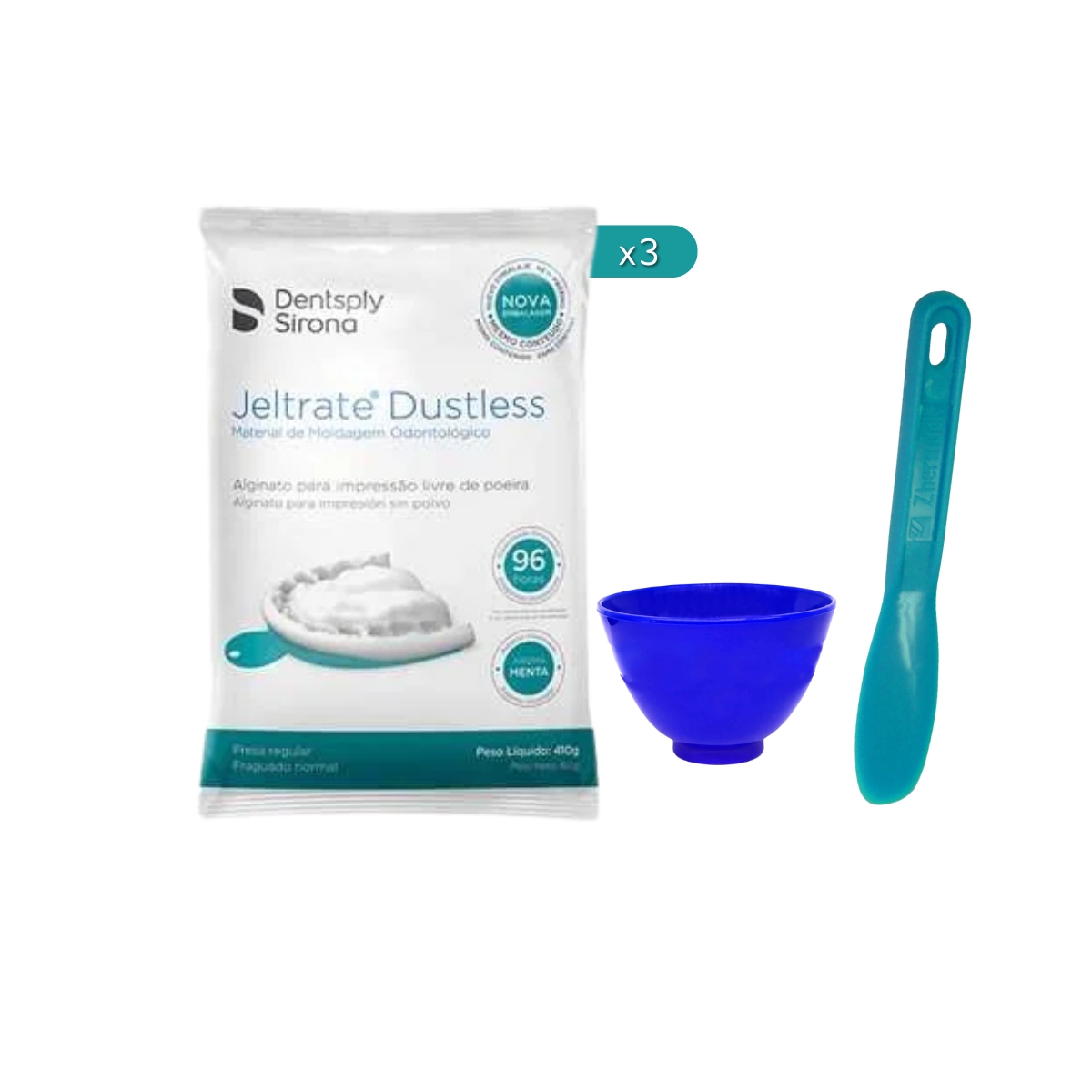 3 alginato Jeltrate Dustless menta fraguado normal Dentsply + taza de goma Maquira azul (pequeña) + espátula Zhermack de regalo – Dentsply Sirona
