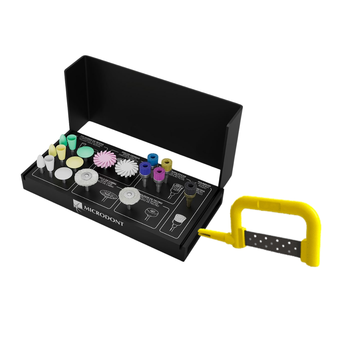Kit de pulido de resina con fresario negro metálico 18 pcs Microdont + 1 sierra interproximal  amarilla 1,0 Mir de regalo – Microdont