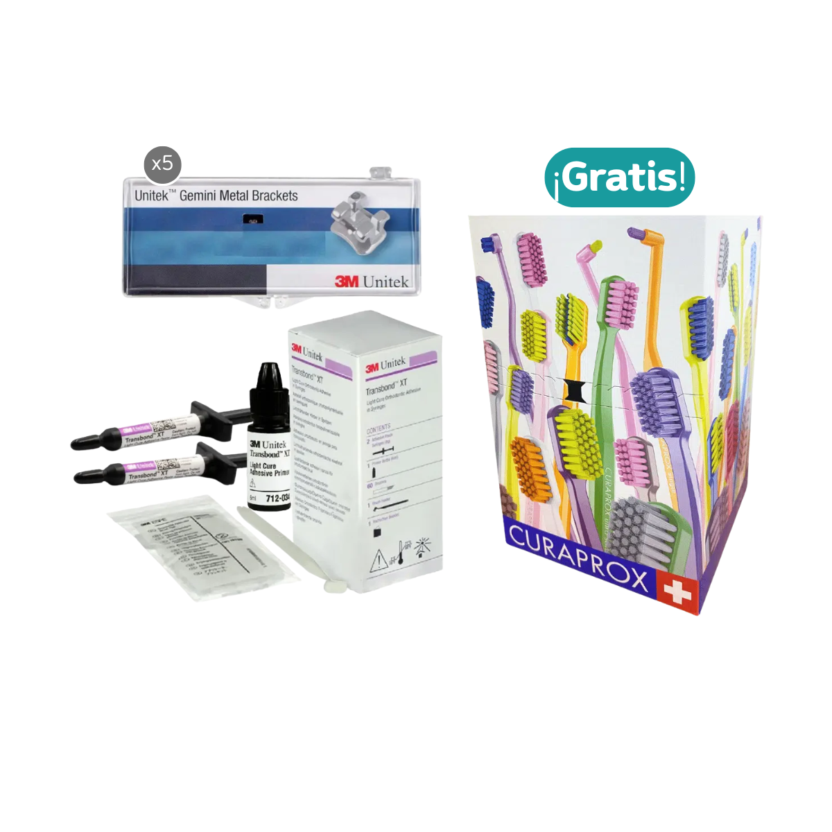 5 set caso Gemini metal brackets MBT (119-144) + Transbond kit: 2 jer. de cemento + primer + 60 brushes 3M + 36 cepillos de ortodoncia Curaprox de regalo