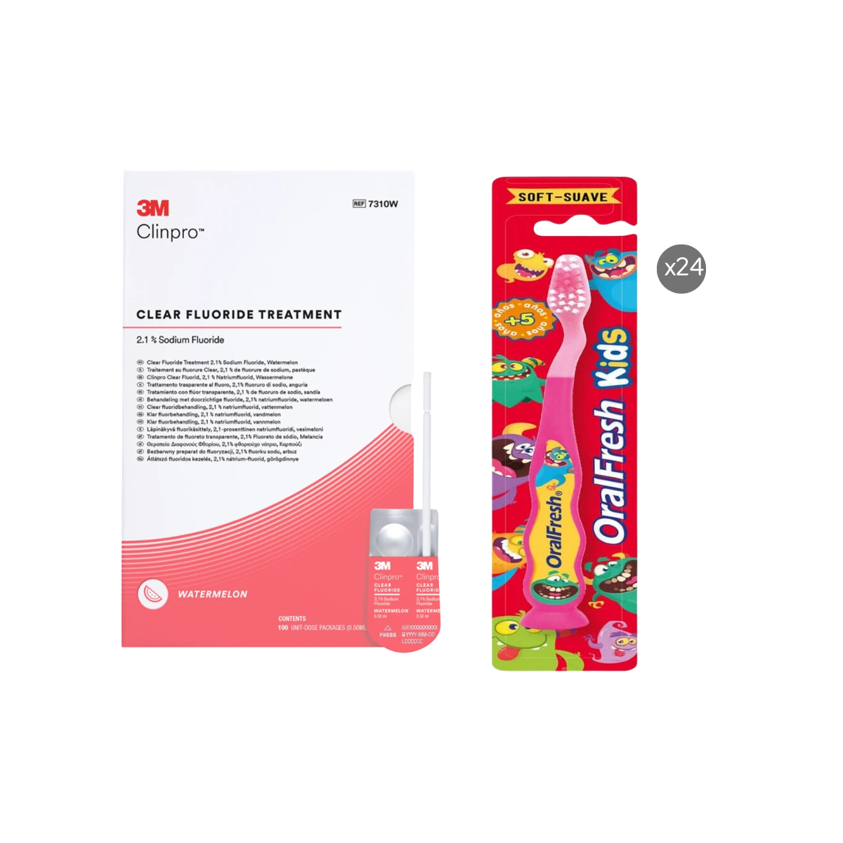 Barniz de flúor Clinpro Clear 2,1% x 100 unidades menta, sandía o neutro + 24 cepillos dentales Oralfresh Kid 5y+ Maver de regalo