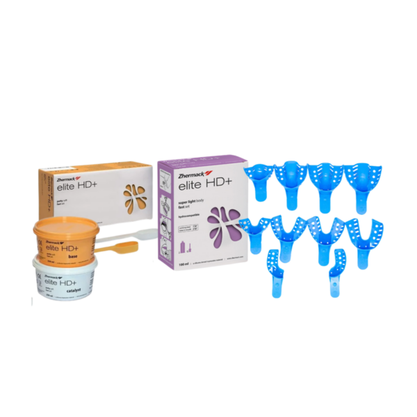 Kit silicona por adición Zhermack pesada fast 250 ml  + silicona Elite super light fast 100 ml set + set de cubetas impresión plásticas x 10 unidades surtidas