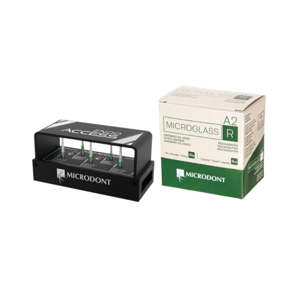 Kit fresario endo acces 5 fresas, fresario metálico esterilizable Microdont + ionómero de auto Microglas A2