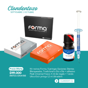 Kit resinas Forma, 5 jeringas Opciones: Dientes Blanqueados, Tradicional o Día a Día + adhesivo Peak Universal frasco 4 ml de regalo + 1 ácido Ultra-Etch jeringa 1,2 ml Ultradent - Ultradent