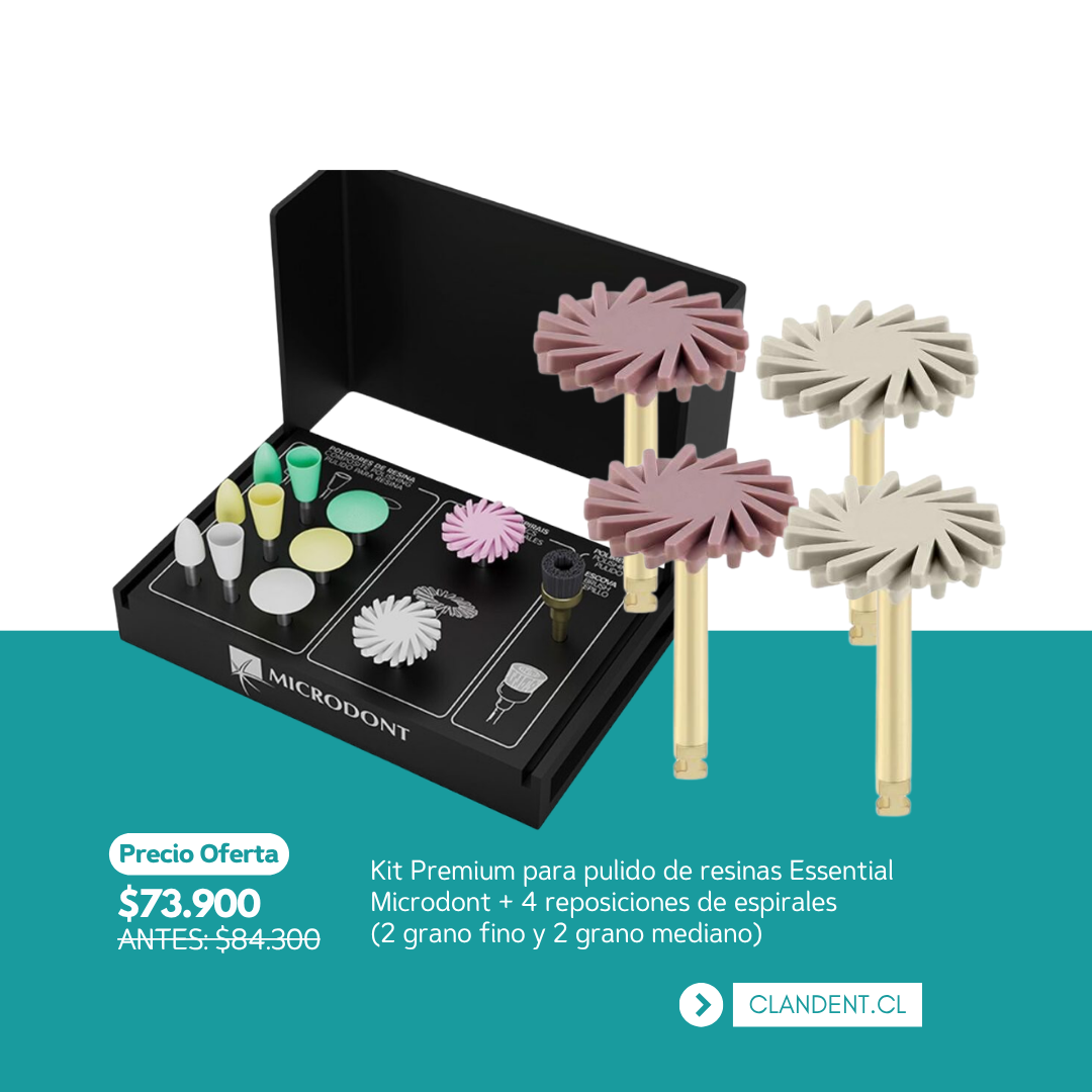 Kit Premium para pulido de resinas Essential Microdont + 4 reposiciones de espirales (2 grano fino y 2 grano mediano) – Microdont
