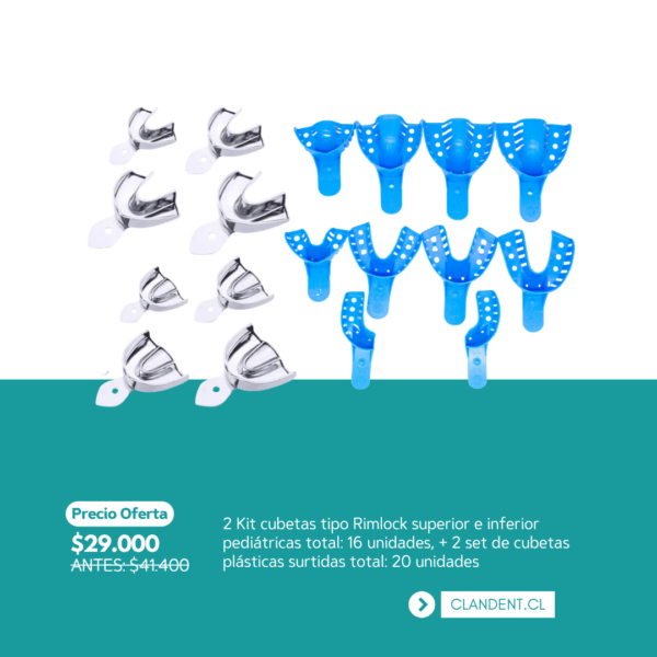 2 Kit cubetas tipo Rimlock superior e inferior pediátricas total: 16 unidades, + 2 set de cubetas plásticas surtidas total: 20 unidades - Importacion
