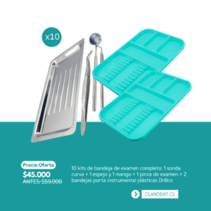 10 kits de bandeja de examen completo: 1 sonda curva + 1 espejo y 1 mango + 1 pinza de examen + 2 bandejas porta instrumental plásticas Drillco - Importacion