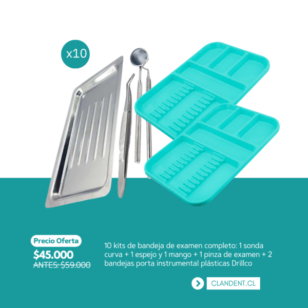 10 kits de bandeja de examen completo: 1 sonda curva + 1 espejo y 1 mango + 1 pinza de examen + 2 bandejas porta instrumental plásticas Drillco - Importacion