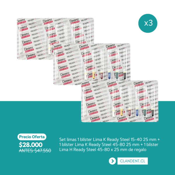 Set limas 1 blíster Lima K Ready Steel 15-40 25 mm + 1 blíster Lima K Ready Steel 45-80 25 mm + 1 blíster Lima H Ready Steel 45-80 x 25 mm de regalo - Dentsply Sirona