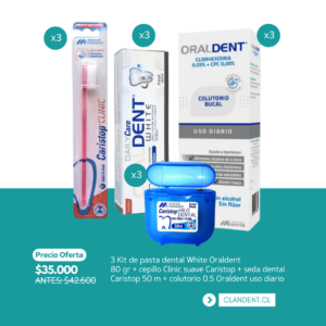 3 Kit de pasta dental White Oraldent  80 gr + cepillo Clinic suave Caristop + seda dental Caristop 50 m + colutorio 0.5 Oraldent uso diario - Caristop