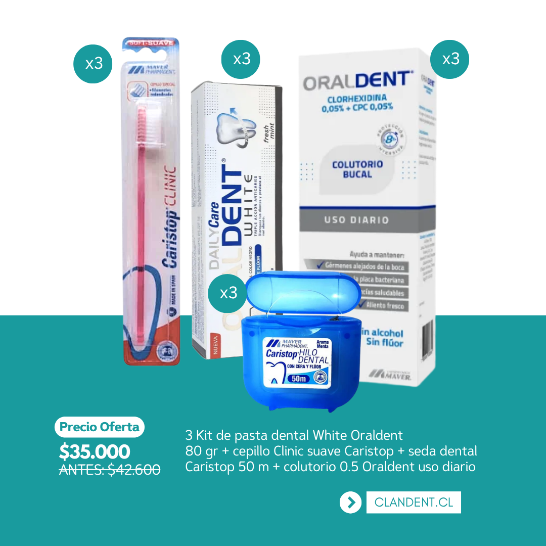 3 Kit de pasta dental White Oraldent  80 gr + cepillo Clinic suave Caristop + seda dental Caristop 50 m + colutorio 0.5 Oraldent uso diario – Caristop