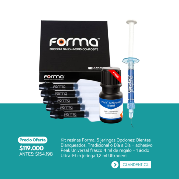 Kit resinas Forma, 5 jeringas Opciones: Dientes Blanqueados, Tradicional o Día a Día + adhesivo Peak Universal frasco 4 ml de regalo + 1 ácido Ultra-Etch jeringa 1,2 ml Ultradent - Ultradent